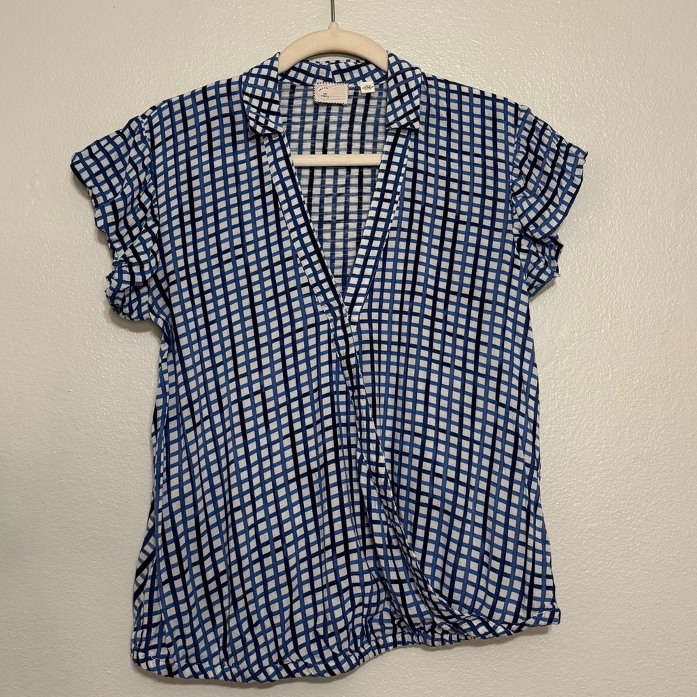 Anthropologie Gingham Ruffle Sleeve Faux Wrap Top
